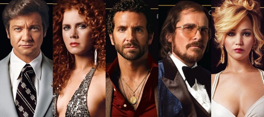 Christian Bale, Bradley Cooper, Amy Adams, Jennifer Lawrence e Jeremy Renner nos cartazes de American Hustle