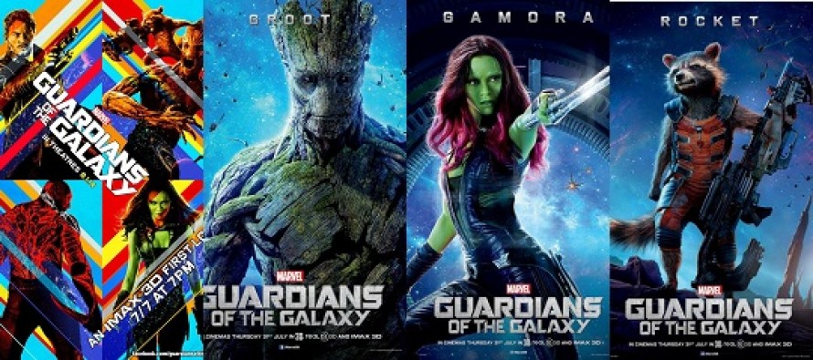 Peter Quill, Groot, Gamora, Rocket Racoon e Drax estampam CARTAZES de GUARDIÕES DA GALÁXIA